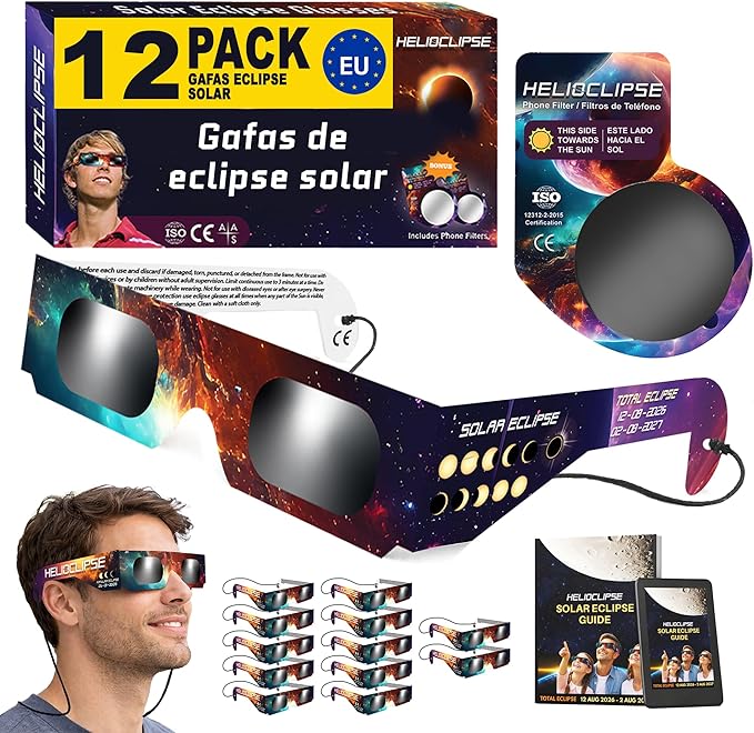 12 Pack Gafas Eclipse Solar Certificación ISO 12312-2