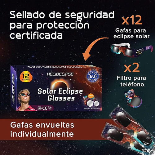 12 Pack Gafas Eclipse Solar Certificación ISO 12312-2