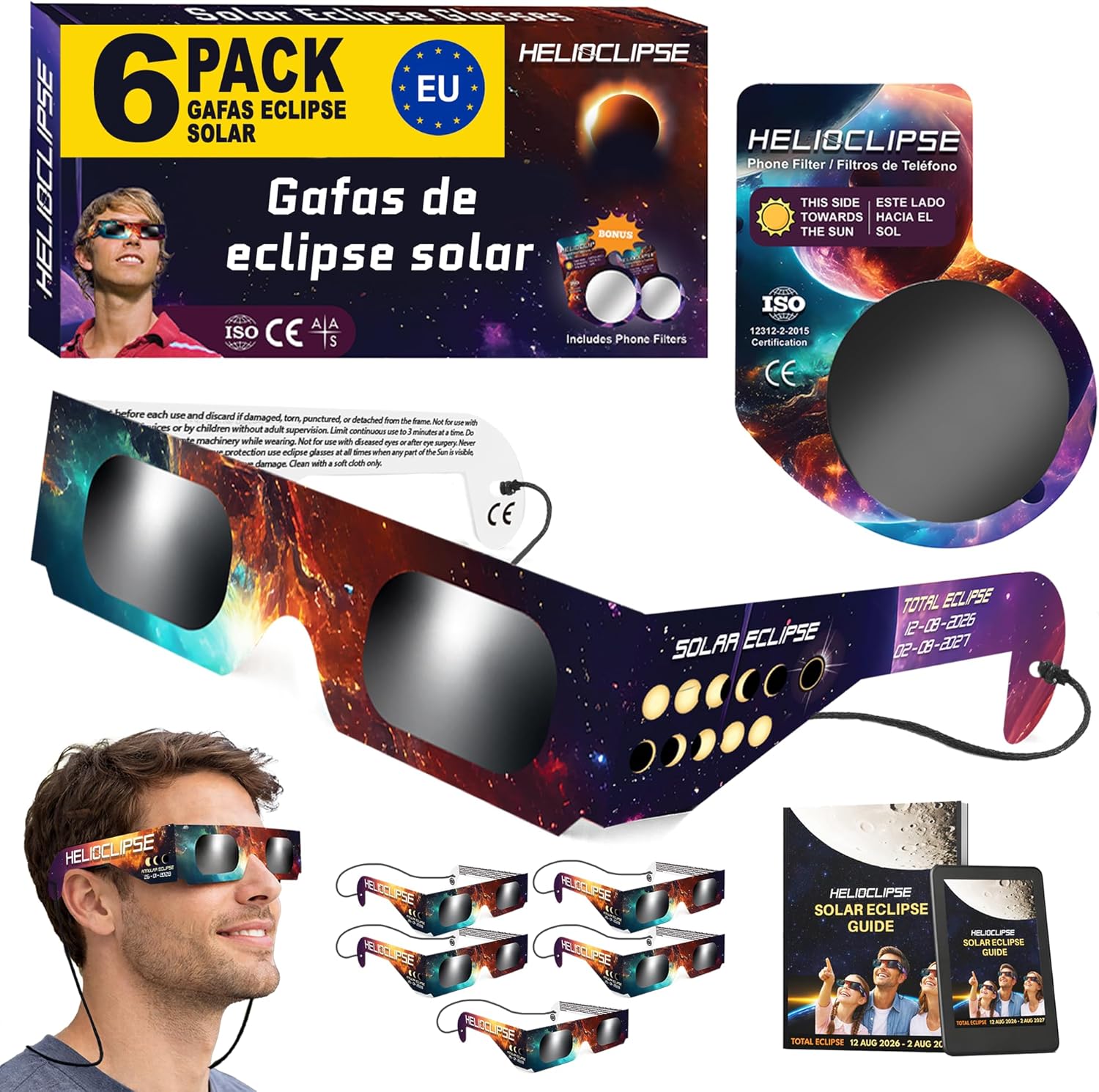 6 Pack Gafas Eclipse Solar Certificación ISO 12312-2