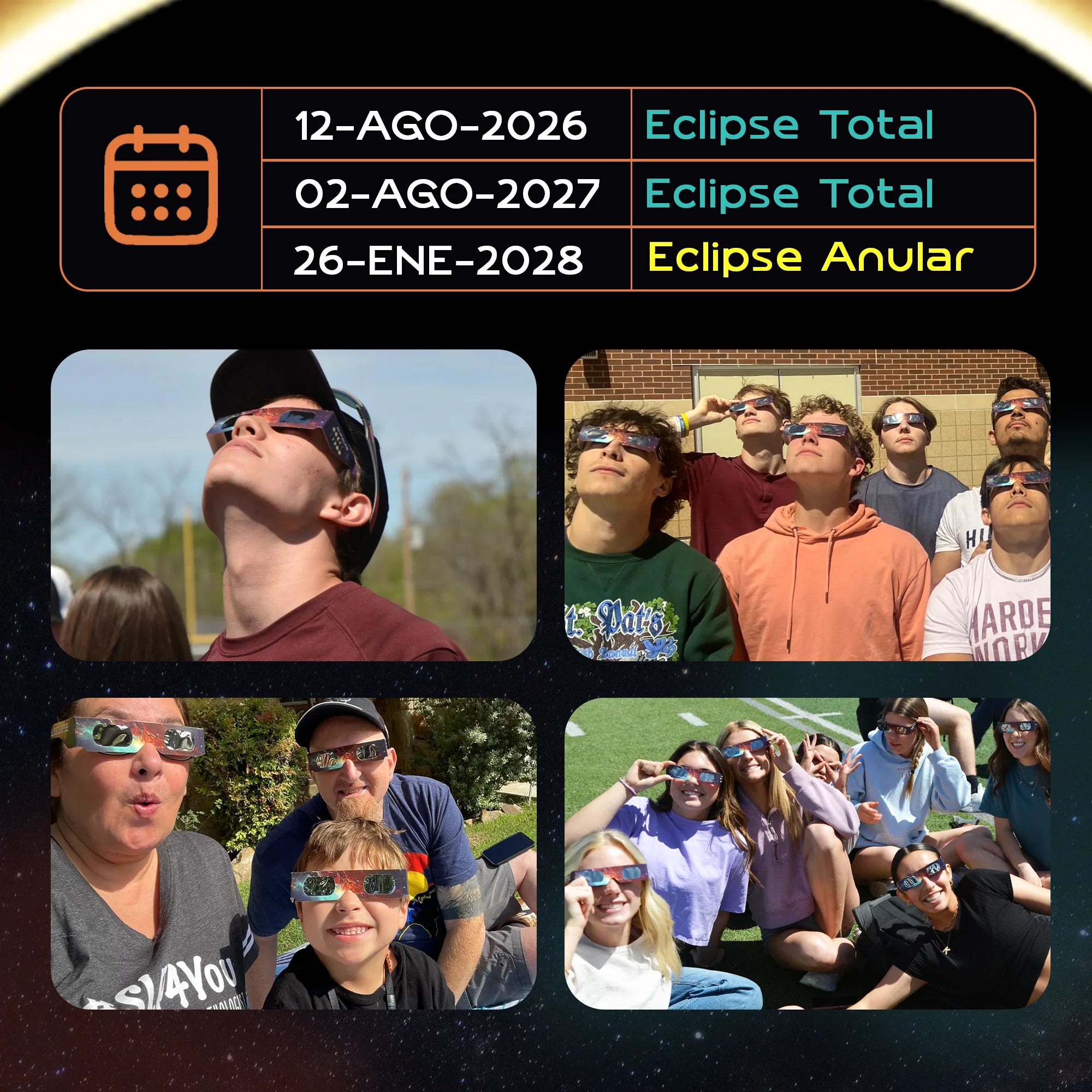 12 Pack Gafas Eclipse Solar Certificación ISO 12312-2
